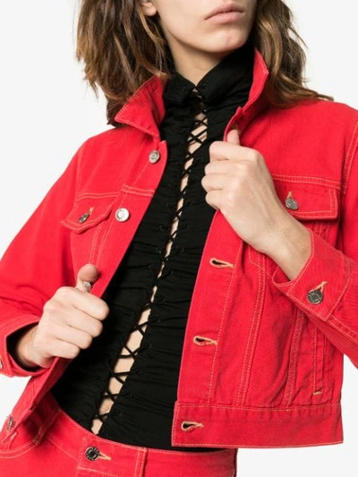 Shop Sjyp Cropped Fitted Denim Jacket In Red