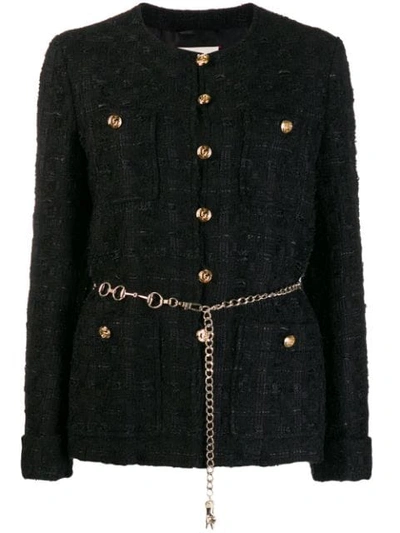 Shop Gucci Tweed Jacket With Horsebit Belt - Black