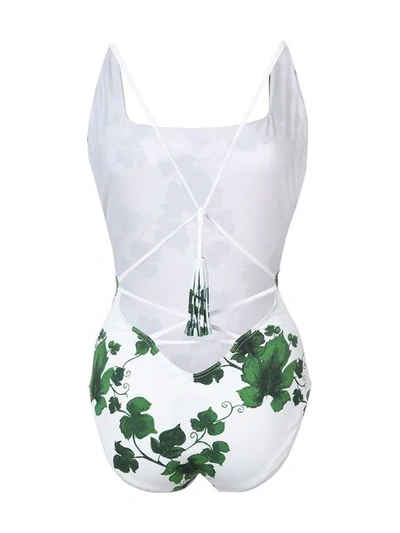 Shop Oscar De La Renta Leaf Print Swimsuit In White