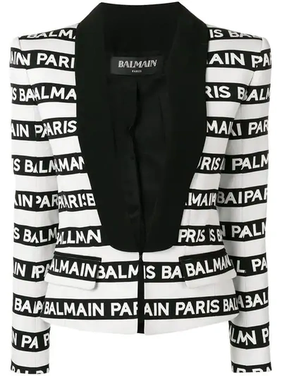 Shop Balmain Logo Stripe Tuxedo Blazer In White