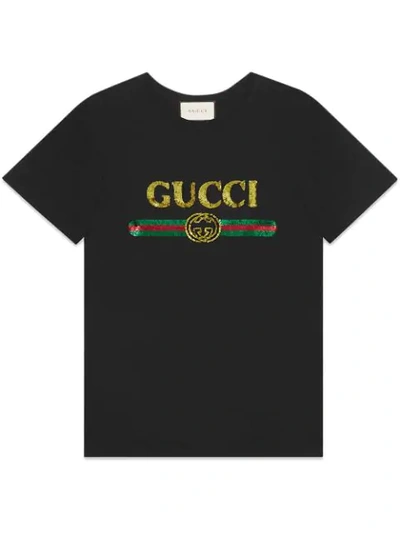 GUCCI LOGO亮片超大款T恤 - 黑色