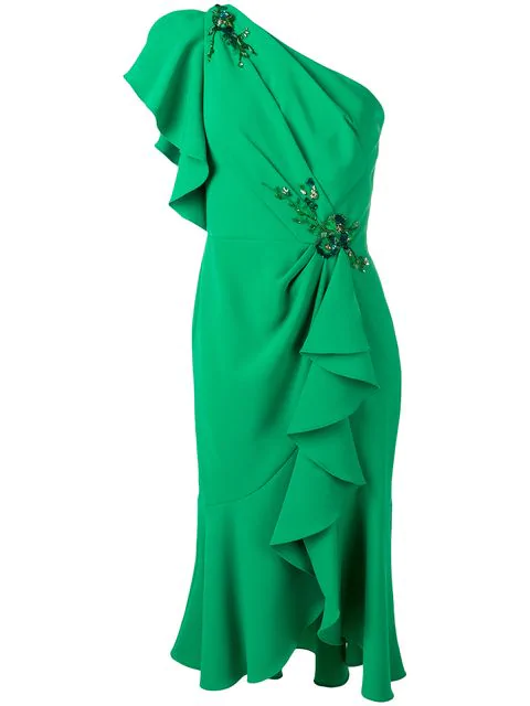 green one shoulder ruffle dress