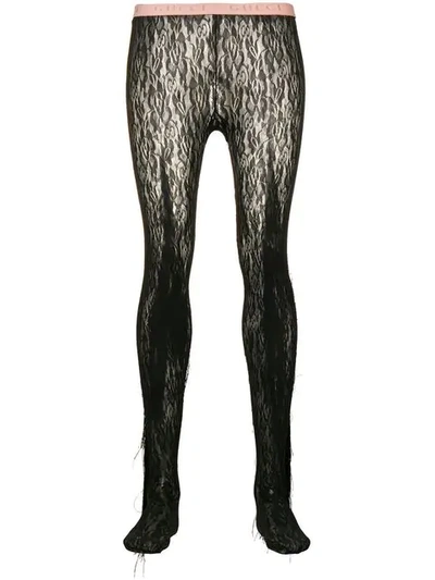 Shop Gucci Fringed Floral Lace Tights In Black