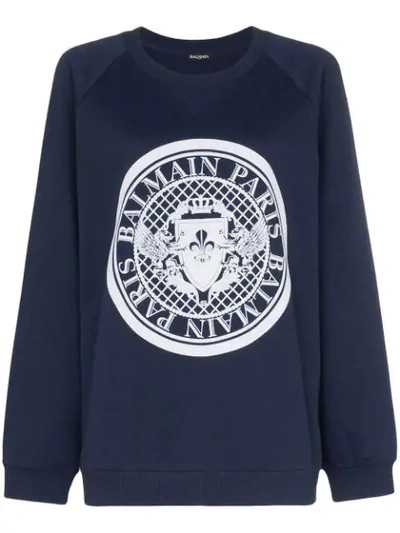 Shop Balmain Coin Logo Cotton Sweatshirt In Blue