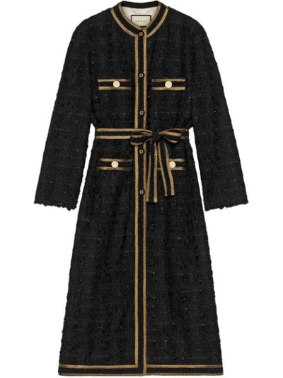 Shop Gucci Tweed Coat With Decorative Trim In Black