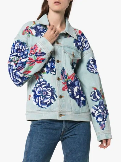 Shop Ashish Flower Embroidered Cotton Denim Jacket - Blue