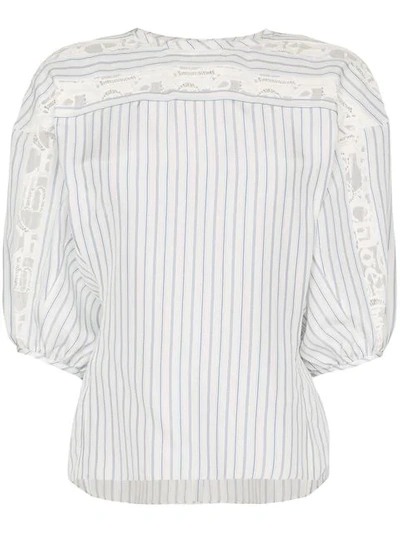 Shop Chloé Lace Trim Striped Blouse In 95p Beige Blue