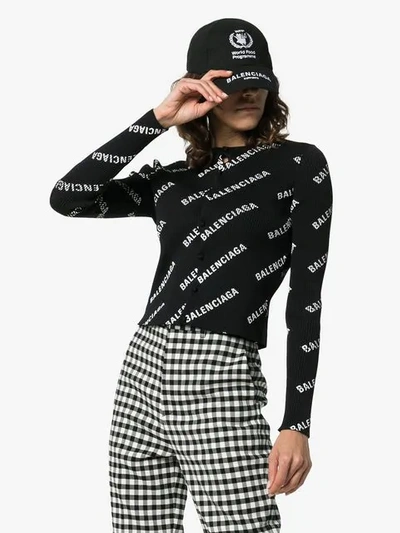 Shop Balenciaga Logo Print Ribbed Knitted Cardigan In Black