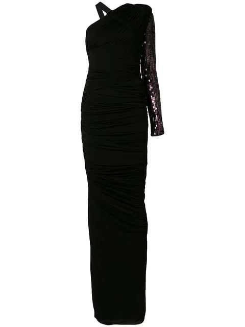 black ruched one shoulder dress