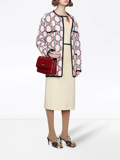 Shop Gucci Floral Appliqué Tweed Dress In Neutrals