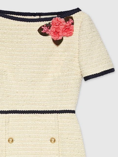 Shop Gucci Floral Appliqué Tweed Dress In Neutrals