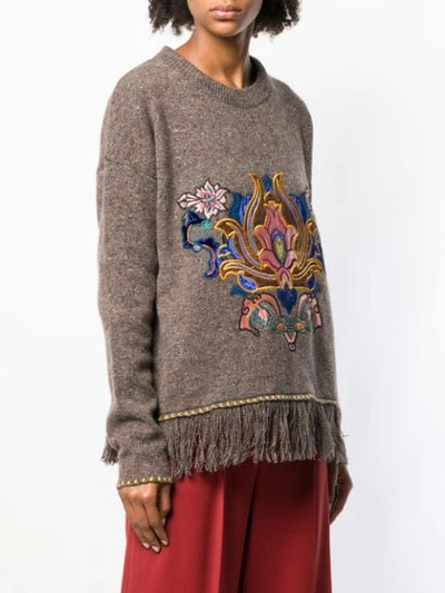 Shop Etro Embroidered Fringe Trim Sweater In Brown