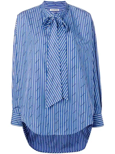 Shop Balenciaga Striped Logo Swing Shirt In Blue