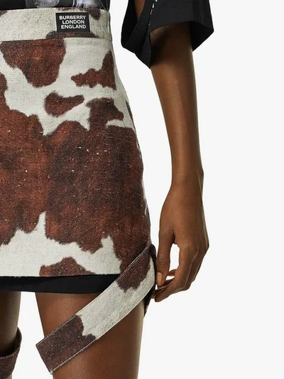 Shop Burberry Strap Detail Animal Print Cotton Linen Mini Skirt In Brown
