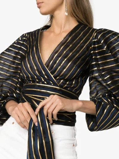 Shop Alexandre Vauthier Striped Puffed Sleeve Waist Bow Top In Black