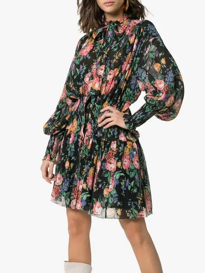 Shop Zimmermann Allia Shirred Floral Mini-dress In Black Floral