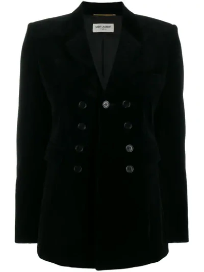 Shop Saint Laurent Velvet Double-breasted Blazer In Black