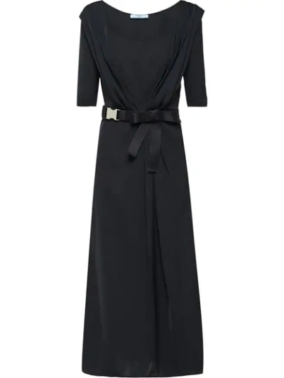 Shop Prada Belted Midi Dress In Black