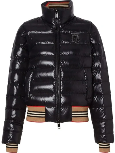 Shop Burberry Detachable Sleeve Icon Stripe Detail Puffer Jacket In Black