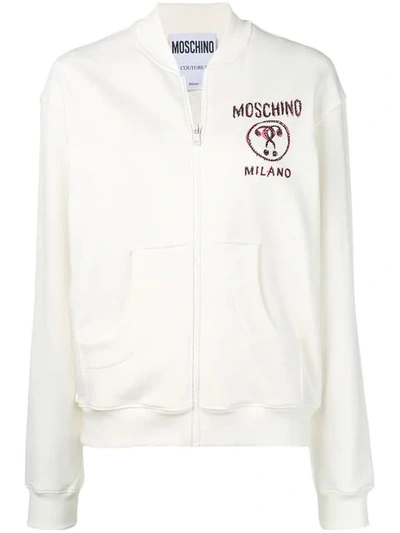 Shop Moschino Logo Print Bomber Jacket In White
