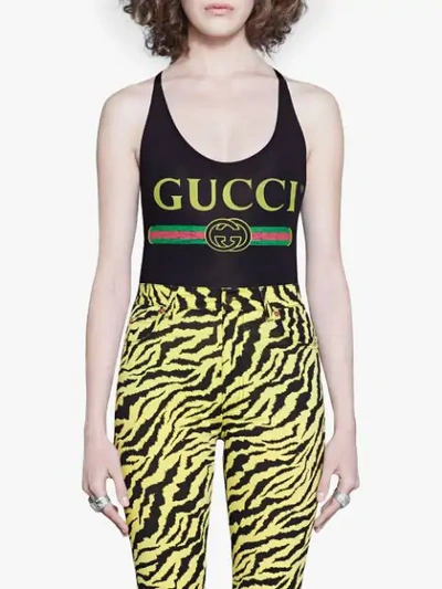 Shop Gucci Logo Print Swimsuit In Black