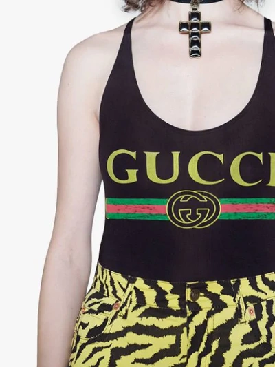 Shop Gucci Logo Print Swimsuit In Black