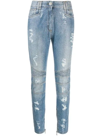 Shop Balmain Crystal Embellished Jeans In Blue