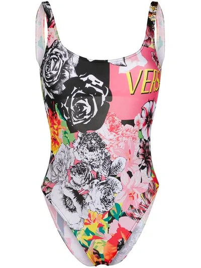Shop Versace Floral Print Swimsuit In Pink
