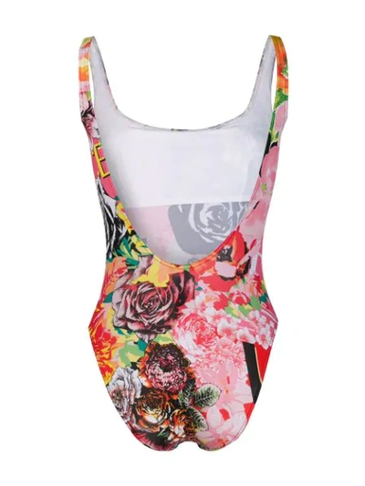 Shop Versace Floral Print Swimsuit In Pink