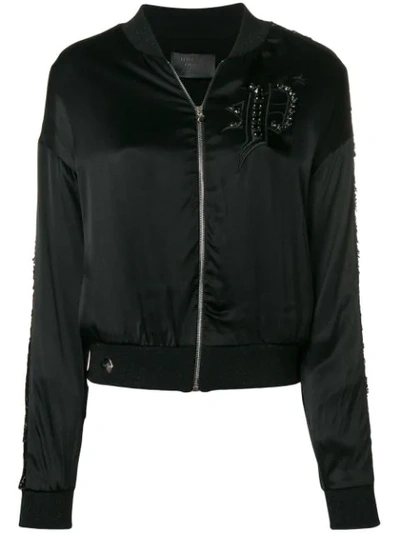 Shop Philipp Plein Embroidered Satin Bomber Jacket In Black