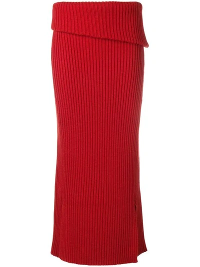 Shop Jacquemus Ribbed Side Slit Maxi Skirt - Red