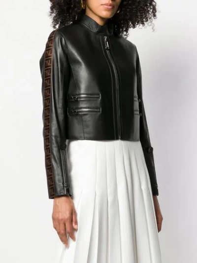 Shop Fendi Ff Logo Leather Jacket In Black