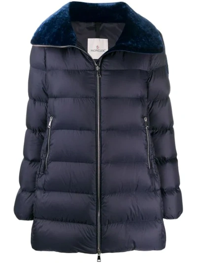 Shop Moncler Velvet Collar Zipped Jacket In Blue