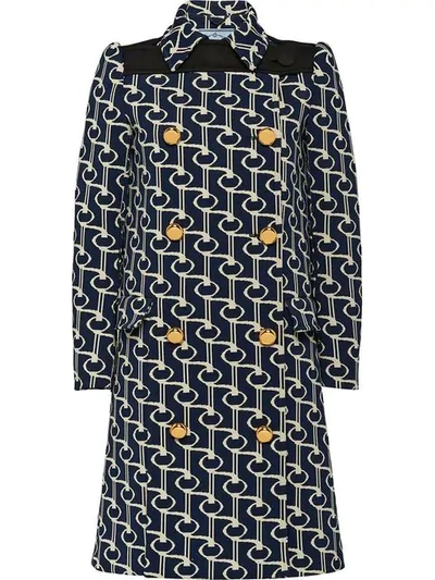 Shop Prada Jacquard Coat With Key Motif In Blue ,white