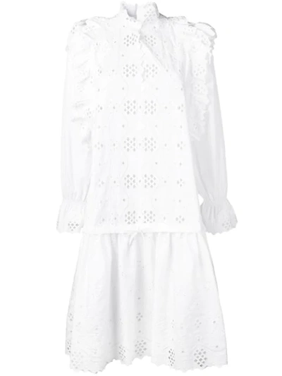 Shop Alberta Ferretti Embroidered Ruffle Detail Dress - White