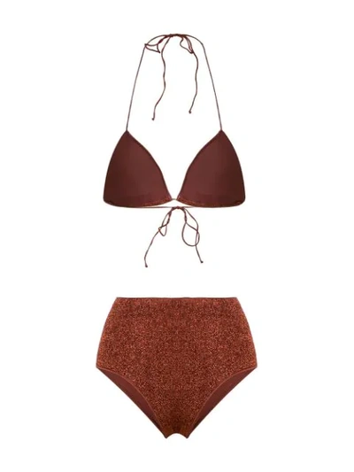 Shop Oseree Metallic Effect Bikini Set In Brown