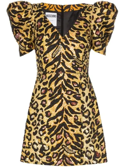 Shop Moschino Leopard Print Poof Sleeve Sequin Mini Dress In Gold