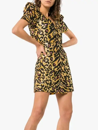 Shop Moschino Leopard Print Poof Sleeve Sequin Mini Dress In Gold