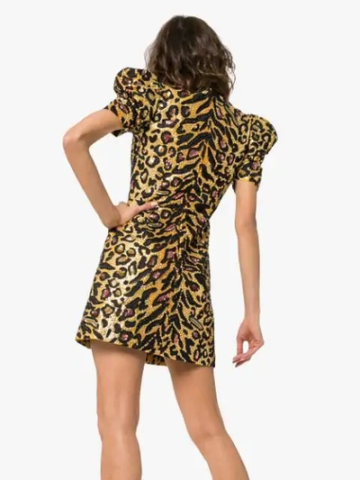 Shop Moschino Leopard Print Poof Sleeve Sequin Mini Dress In Gold