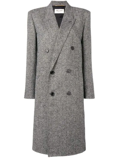 Shop Saint Laurent Double Breasted Caviar Tweed Coat In Black