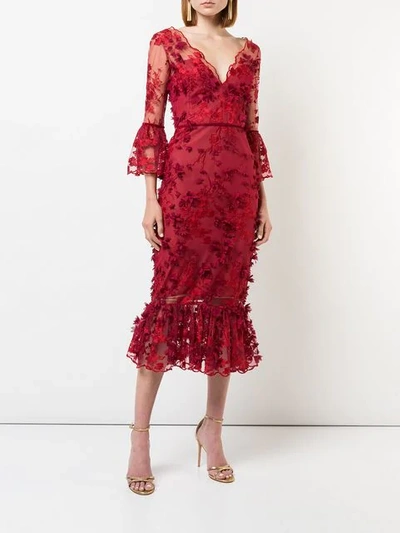 Shop Marchesa Notte 3/4 Sleeve Embroidered Midi Dress In Red