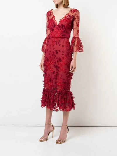 Shop Marchesa Notte 3/4 Sleeve Embroidered Midi Dress In Red
