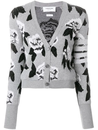 Shop Thom Browne Boucle Rose Jacquard V-neck Cardigan In Grey