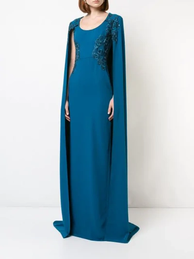Shop Marchesa Notte Cape-effect Embroidered Gown In Blue