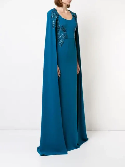 Shop Marchesa Notte Cape-effect Embroidered Gown In Blue