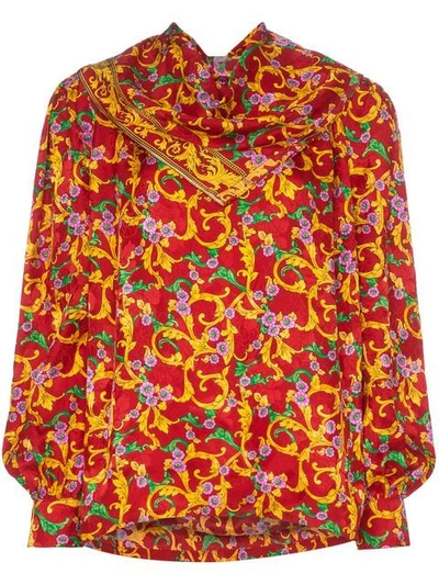 Shop Push Button Floral Print Draped Silk Blouse In Red