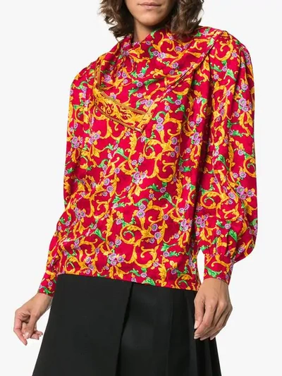 Shop Push Button Floral Print Draped Silk Blouse In Red