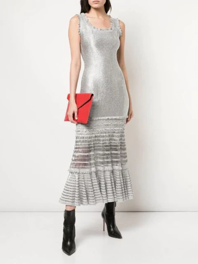 Shop Alexander Mcqueen Laddered Knit Midi Dress In Silver