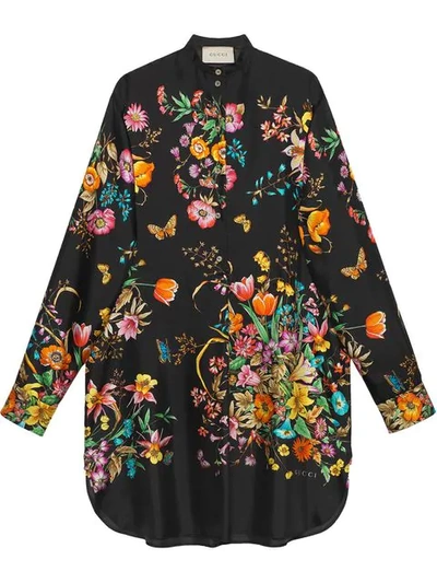 Shop Gucci Silk Dress With Flowers In Black