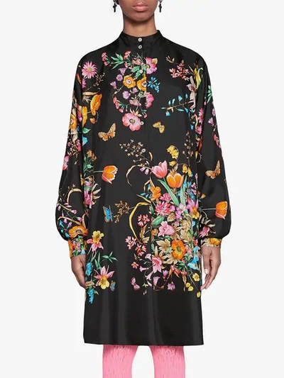 Shop Gucci Silk Dress With Flowers In Black